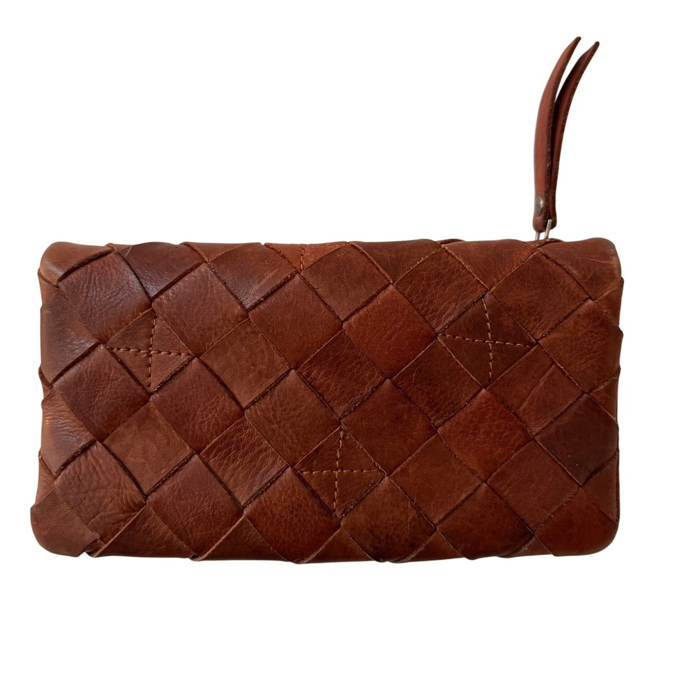 Valenca‎ Holland Distressed Brown Woven Leather Clutch Wallet Zipper Pocket